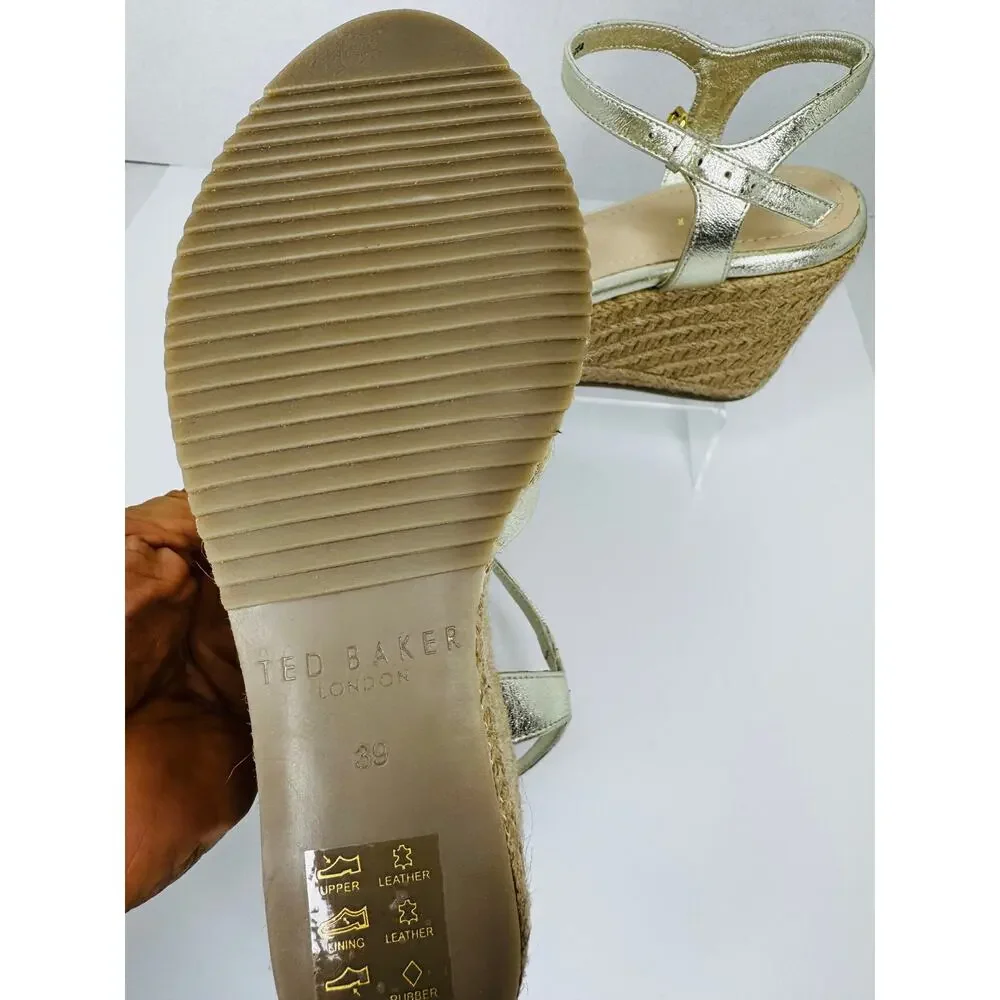 Ted Baker Carda Gold Metallic Espadrille Ankle Strap Wedge Sandals EU 39